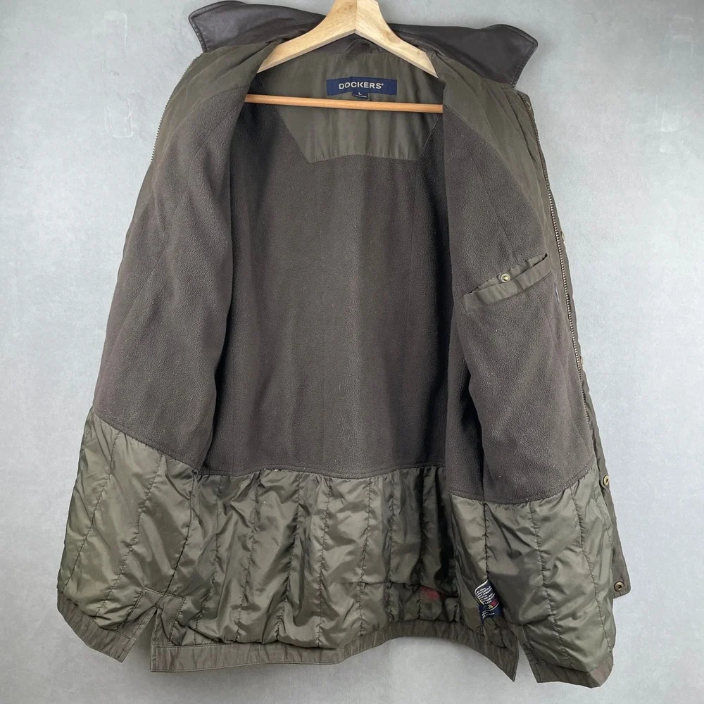 Dockers Mens Field Jacket‎ Olive Brown Resin Coated Fleece Quilted Lined L READ